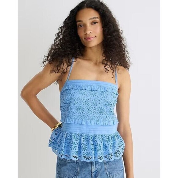 J. Crew Size XS Cross Back Smocked Waist Eyelet Top White Peplum Crocheted NWT - Picture 2 of 12